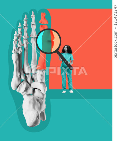 Poster. Contemporary art collage. Woman in teal scrubs holding magnifying glass near enlarged 3D model of human foot skeleton with colorful overlays 121471247