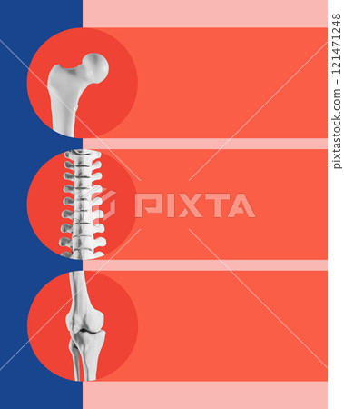 Poster. Contemporary art collage. Three skeletal elements such as hip, spine, knee, highlighted within red circles on vibrant background stripes. 121471248
