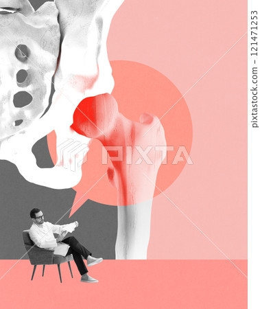 Poster. Contemporary art collage. Professional sits examining hip bone with red inflammation and on top of it transparent speech bubble, as recommendation. Poster. Contemporary art collage. Professional sits examining hip bone with red inflammation and on top of it transparent speech bubble, as recommendation. 121471253