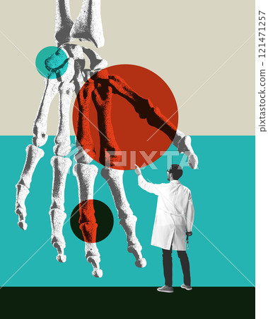 Poster. Contemporary art collage. Male figure in white lab coat pointing at enlarged 3D hand skeleton with colorful circles overlay Poster. Contemporary art collage. Male figure in white lab coat pointing at enlarged 3D hand skeleton with colorful circles overlay 121471257
