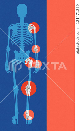 Poster. Contemporary art collage. Full human skeleton silhouette with red circles marking specific joint areas against background with copy space. 121471259