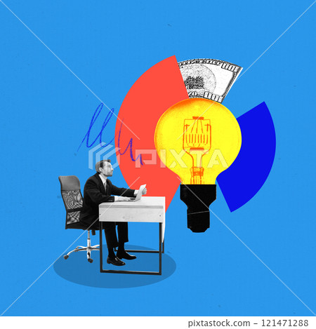 Poster. Contemporary art collage. Man in suit at desk gazing at large light bulb. Vibrant pie chart and dollar note accentuate scene 121471288