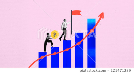 Poster. Contemporary art collage. Woman pushing coin symbol up blue bar graph. Man reaching red flag atop bar as arrow climbs graph Poster. Contemporary art collage. Woman pushing coin symbol up blue bar graph. Man reaching red flag atop bar as arrow climbs graph 121471289