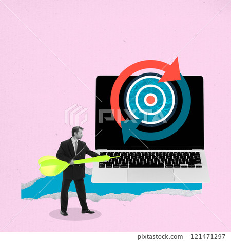 Poster. Contemporary art collage. Man in suit pointing at laptop screen with colorful target. Two circular arrows overlay screen. Poster. Contemporary art collage. Man in suit pointing at laptop screen with colorful target. Two circular arrows overlay screen. 121471297
