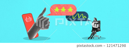 Banner. Contemporary art collage. Hand showing thumbs-up next to smartphone with basket symbol. Woman in chair gesturing with speech bubbles above Banner. Contemporary art collage. Hand showing thumbs-up next to smartphone with basket symbol. Woman in chair gesturing with speech bubbles above 121471298