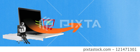 Banner. Contemporary art collage. Woman seated on office chair smiling beside laptop displaying shopping cart icon and orange arrow curving upward. 121471301