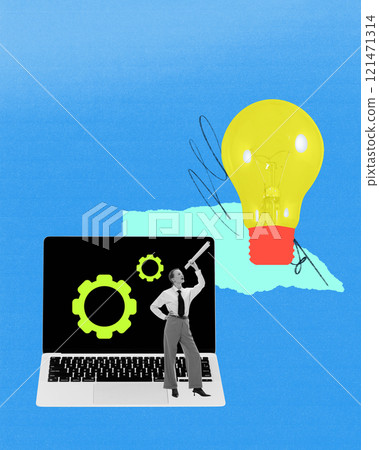 Poster. Contemporary art collage. Woman dressed in formal attire holding scroll standing on laptop keyboard showing green cogs beside large yellow lightbulb Poster. Contemporary art collage. Woman dressed in formal attire holding scroll standing on laptop keyboard showing green cogs beside large yellow lightbulb 121471314