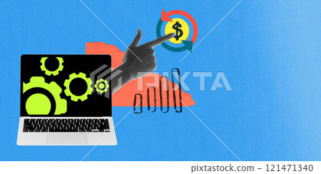Poster. Contemporary art collage. Hand pointing to dollar sign encircled by colorful arrows, laptop with green cogs on screen in front of red graph. Poster. Contemporary art collage. Hand pointing to dollar sign encircled by colorful arrows, laptop with green cogs on screen in front of red graph. 121471340