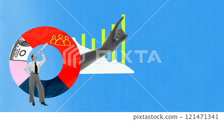 Poster. Contemporary art collage. Woman dressed office style outfit holding paper scroll near colorful chart and hand points to green bars. 121471341