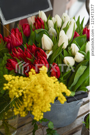 Spring flowers-red and white tulips and mimosa 121471377