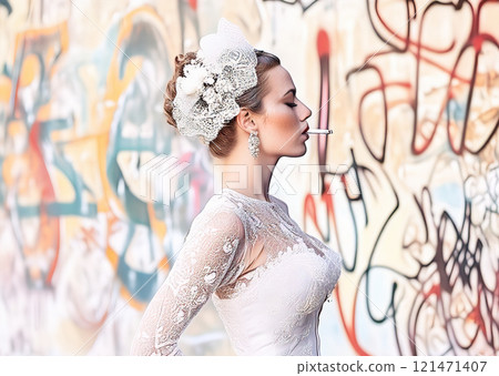 Woman,  smoking, dressed in a vintage-style bridal look, complete with a white lacy corset and a decorative headpiece, set against a gritty, urban background of blurred graffiti walls. 121471407