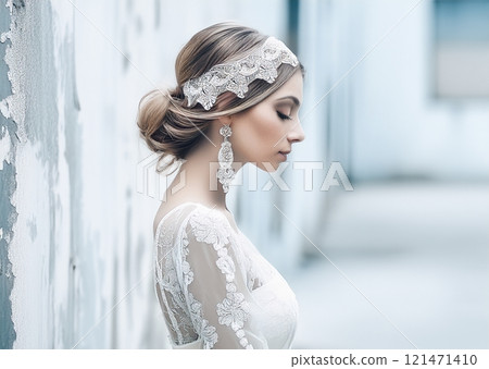The image features a woman dressed in a vintage-style bridal look,complete with a white lacy corset and a decorative headpiece,set against a gritty, urban background The image features a woman dressed in a vintage-style bridal look,complete with a white lacy corset and a decorative headpiece,set against a gritty, urban background 121471410