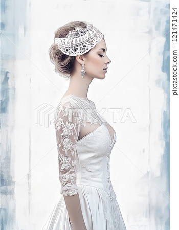 The image features a woman dressed in a vintage-style bridal look,complete with a white lacy corset and a decorative headpiece,set against a gritty, urban background 121471424