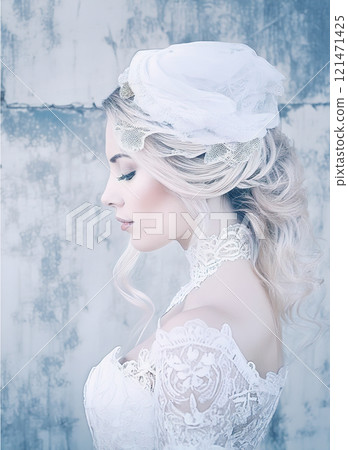 The image features a woman dressed in a vintage-style bridal look,complete with a white lacy corset and a decorative headpiece,set against a gritty, urban background 121471425