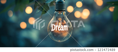 Light bulb with dream text outdoors in evening, inspirational concept 121471489