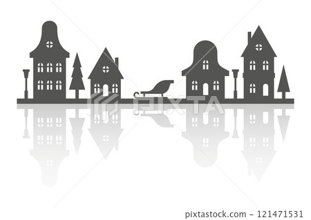 Silhouette of neighborhood houses. Small homes and buildings on skyline. Christmas town and village on white background. Row of cottages on the street with fir trees and church. Winter landscape 121471531