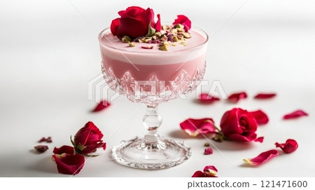 Rose petal cocktail in crystal glass with pistachios on a white background, romantic gourmet concept Rose petal cocktail in crystal glass with pistachios on a white background, romantic gourmet concept 121471600
