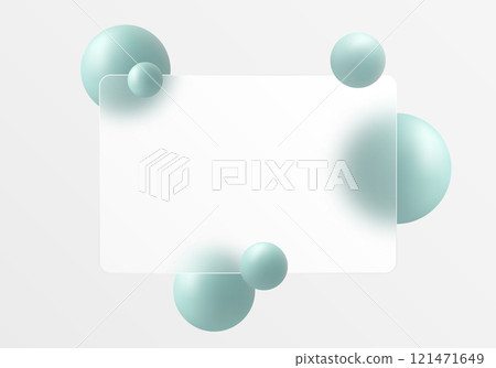 Glass morphism website landing page template. Translucent glass partition with floating spheres. 121471649