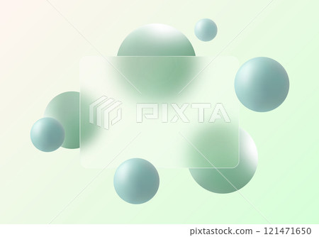 Glass morphism website landing page template. Translucent glass partition with floating spheres. 121471650