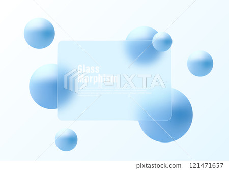 Glass morphism website landing page template. Translucent glass partition with floating blue spheres. Glass morphism website landing page template. Translucent glass partition with floating blue spheres. 121471657