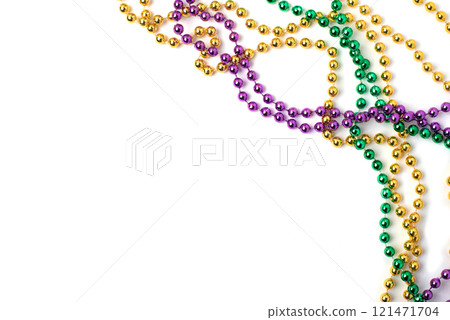 Mardi gras beads on white background Mardi gras beads on white background 121471704