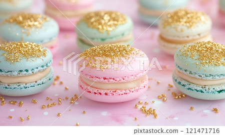 Colorful macarons with gold decoration on pastel background, dessert concept 121471716