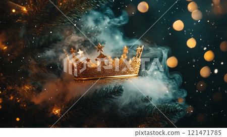 Golden crown on pine branch with glowing lights, mystical atmosphere. Regal and festive concept 121471785