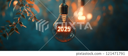 Light bulb with 2025 glowing in warm setting 121471791