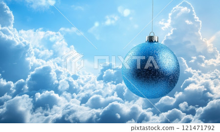 Blue christmas ornament in cloudy sky, surreal holiday concept 121471792