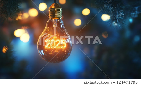 Glowing light bulb with 2025 illuminated, festive atmosphere concept 121471793