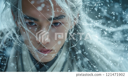 Winter season. A portrait of young man with long white hair 121471902