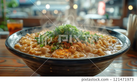 bowl of steaming ramen stands on a table in a Japanese cafe 121471973