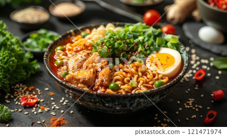 japanese ramen with chicken, green vegetables and eggs 121471974