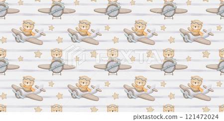 Seamless watercolor pattern with cute baby bear in neutral colors Bear pilot on airplane, hand drawn illustration on white repeat background 121472024