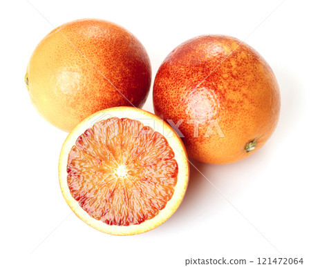 Blood red oranges on white background. 121472064