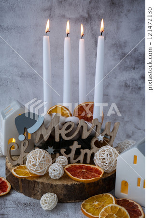 Four Advent candles calendar with Christmas zero waste decorations. Holiday preparation copy space for text. Catholic traditions of Christmas countdown new year winter Four Advent candles calendar with Christmas zero waste decorations. Holiday preparation copy space for text. Catholic traditions of Christmas countdown new year winter 121472130