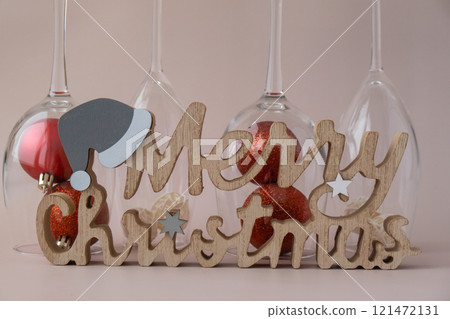 Merry Christmas wooden message with Christmas winter holiday decoration Traditional Festive decor. Greeting card postcard Merry Christmas wooden message with Christmas winter holiday decoration Traditional Festive decor. Greeting card postcard 121472131