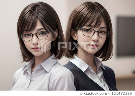 戴眼鏡的雙胞胎年輕女子 121472186