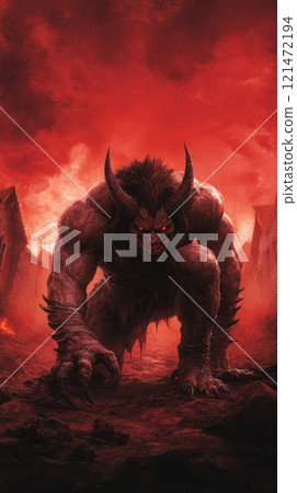 fierce demon with spiked horns and sharp claws crouches menacingly fierce demon with spiked horns and sharp claws crouches menacingly 121472194