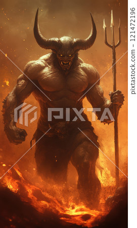 powerful demon with jagged horns and muscular body 121472196