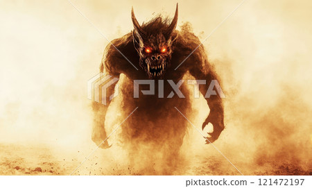 fierce demon with jagged teeth and fiery eyes emerges fierce demon with jagged teeth and fiery eyes emerges 121472197