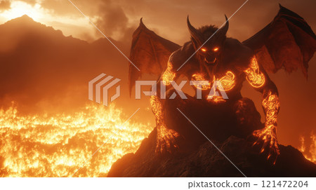 fiery demon with glowing tattoos and sharp claws poses menacingly 121472204