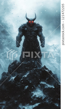 demon with jagged horns and fiery eyes stands menacingly 121472205