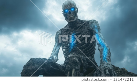 towering skeleton with glowing blue veins sits ominously towering skeleton with glowing blue veins sits ominously 121472211