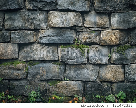Cobblestone path with moss and greenery: nature reclaims urban spaces 121472335