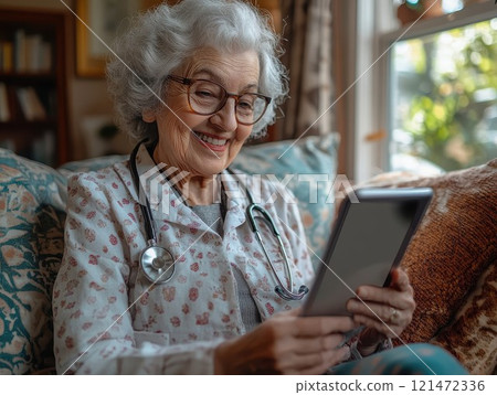 Senior citizen using a telehealth app to consult with a doctor, it is conversation, connection in comfort 121472336