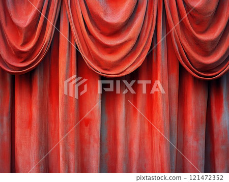 Red curtains theater stage elegance performance drama anticipation luxury textile 121472352