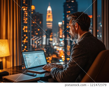 Modern workspace with cityscape view at sunset in a high-rise office 121472379