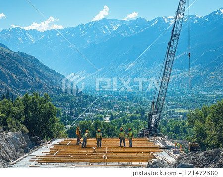 Industrial crane lifting rusty steel beam at construction site 121472380