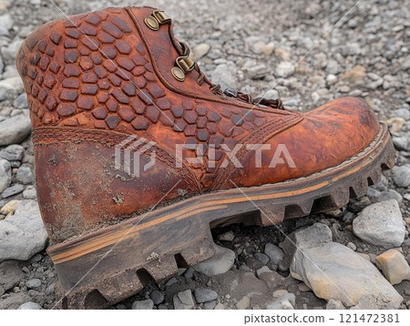 Durable leather boots in muddy outdoor adventure setting 121472381